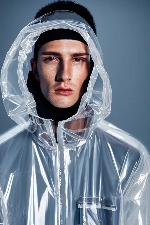 Image similar to an ultra high definition professional high fashion portrait studio full length photograph of a male model wearing a transparent pearlescent raincoat and neon visor in an icelandic black rock environment at dawn. no artefacts. extremely detailed. stark. refraction. shallow depth of field. volumetric light and shadow. ray tracing. light rays.