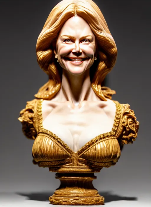 Image similar to high intricate bust of an nicole kidman ( 1 9 9 5 ) carved from wood in baroque style, studio light, maria panfilova, andrea savchenko, mike kime, ludovic plouffe, qi sheng luo, oliver cook, trending on artstation