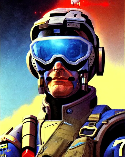 Image similar to soldier 7 6 from overwatch, character portrait, portrait, close up, concept art, intricate details, highly detailed, vintage sci - fi poster, retro future, in the style of chris foss, rodger dean, moebius, michael whelan, and gustave dore