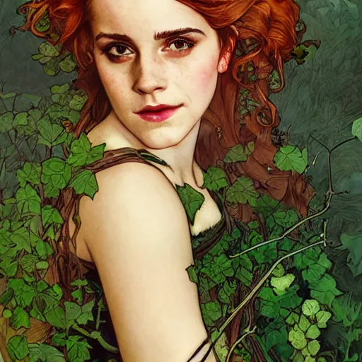 Image similar to a beautiful painting of emma watson and christina hendricks dressed as a poison ivy, dark eyeliner, intricate, elegant, highly detailed, digital painting, artstation, concept art, matte, sharp focus, illustration, art by rebecca guay and by arthur rackham and by alphonse mucha and by john william waterhouse