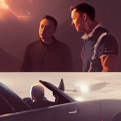 Prompt: illustration of a meeting between elon musk, mark zuckenberg, jeff bezos, very clear face, high quality, very detailled, by artgem, greg rutkowski