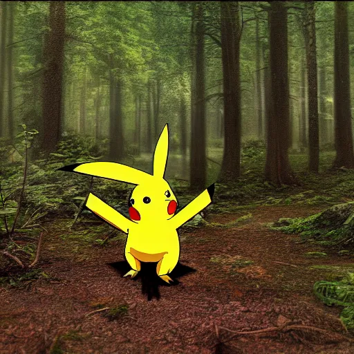 Image similar to Pikachu in a forest, early morning, misty, Patterson–Gimlin film, photorealistic