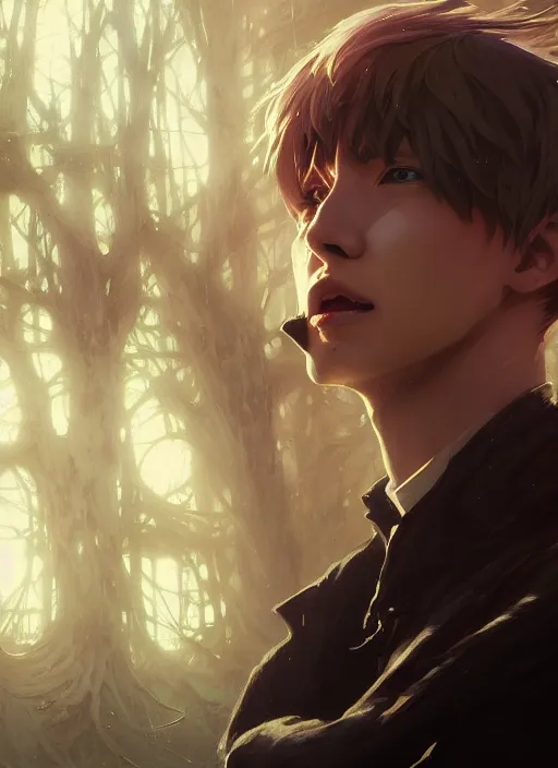 Image similar to Highly detailed portrait of Ken Kaneki, Stephen Bliss, unreal engine, fantasy art by Greg Rutkowski, Loish, Rhads, ferdinand knab, Makoto Shinkai and Lois van baarle, ilya kuvshinov, rossdraws, Tom Bagshaw, alphonse mucha, global illumination, radiant light, detailed and intricate environment