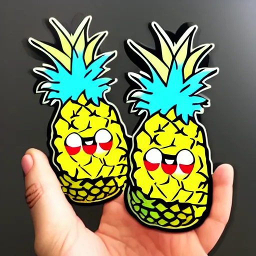 Prompt: die cut sticker of anime chibi two smiling pineapples