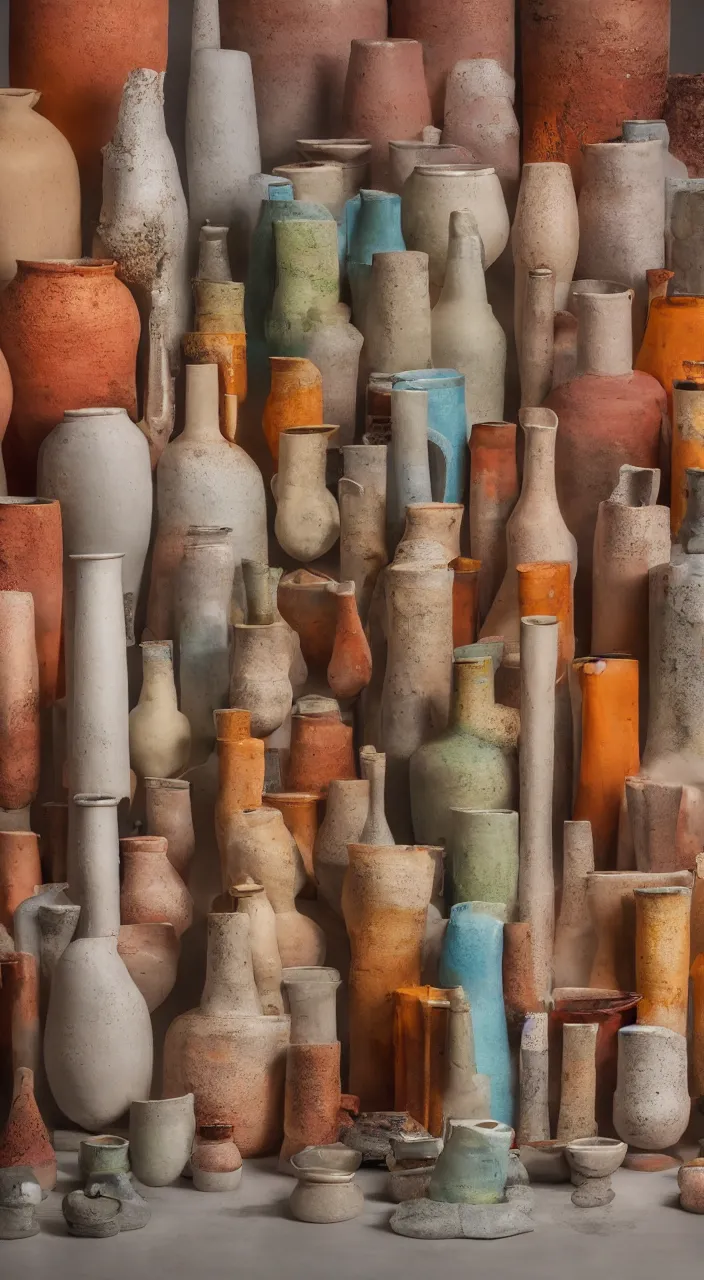 Prompt: an alchemical laboratory of vapour voices made from ceramic vessels, air flow, clay, no humans, clay pipes, 8 k, unreal, high resolution, vivid rusty colours,