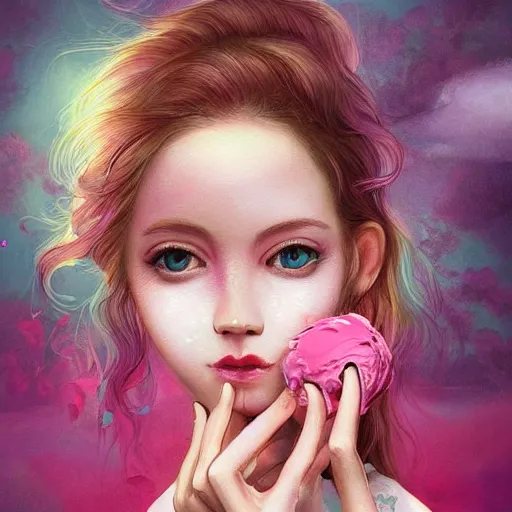 Image similar to beautiful girl eat a pink ice cream on nature background, acrilic paint, digital, artstation, detailed intricate ink illustration, heavenly atmosphere, digital art, overdetailed art, concept art, complementing colors, trending on artstation, cgstudio, the most beautiful image ever created, dramatic, subtle, details, award winning artwork, beautiful scenery