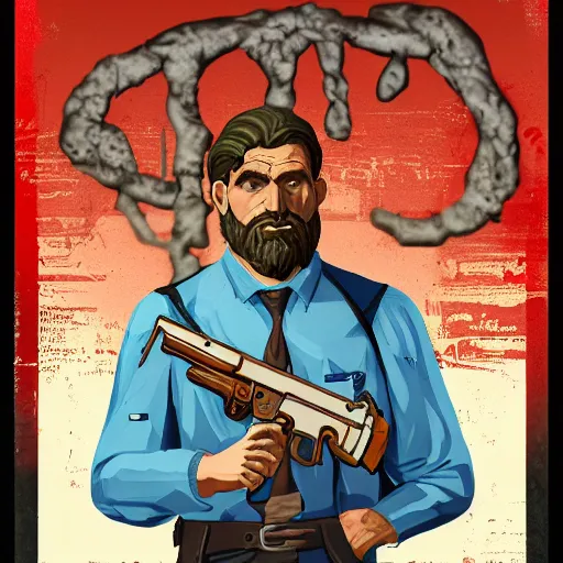 Prompt: saint homo neanderthalis, portrait, propaganda poster, with book of science on his right hand, and riffle, pop art, gta chinatown wars art style, bioshock infinite art style, hyperrealistic, two colors, white frame border, 4 k, uhd, remove duplicate content, align left.