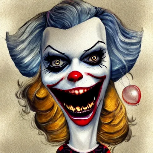 Image similar to grunge cartoon painting of margot robbie with a wide smile and a red balloon by chris leib, loony toons style, pennywise style, corpse bride style, horror theme, detailed, elegant, intricate