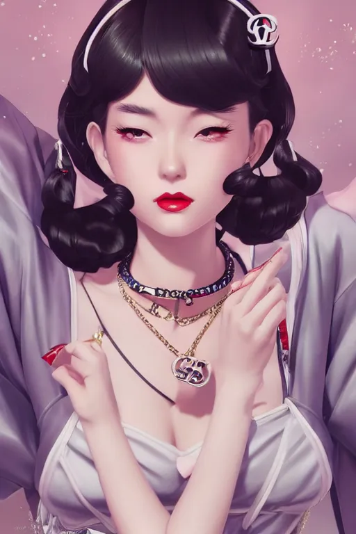 Image similar to a pin up and beautiful fashion dreamlke japan girl with lv jewelry, character art, art by artgerm and wlop and and ilya kuvshinov, hyperdetailed, 8 k realistic, symmetrical, frostbite 3 engine, cryengine, dof, trending on artstation, digital art, chanel, dior, fantasy background