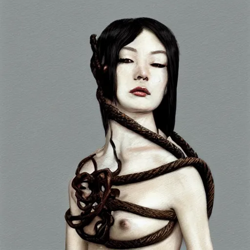 Image similar to portrait of a Shibari rope wrapped face and neck, headshot, insanely nice professional hair style, dramatic hair color, digital painting, of a old 15th century, young cyborg Rubber Nun, amber jewels, baroque, ornate clothing, scifi, realistic, hyperdetailed, chiaroscuro, concept art, art by Franz Hals and Jon Foster and Ayami Kojima and Amano and Karol Bak,