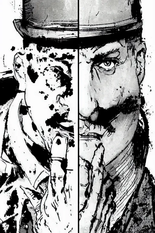 Image similar to Rorschach and The Comedian aka Edward Morgan Blake from the movie Watchmen painted by Norman Rockwell, Greg Rutkowski and Dave Gibbons, Sadamoto Yoshiyuki, Yoki Shinkawa, high detailed perfect faces, trending on Artstation, page scan from book, watchmen comics color scheme, noisy film grain effect, super wide shot, 30mm, intricate, fine details, trending on artstation,