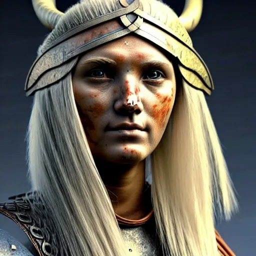 Image similar to a beautiful viking female warrior, realistic, highly detailed.