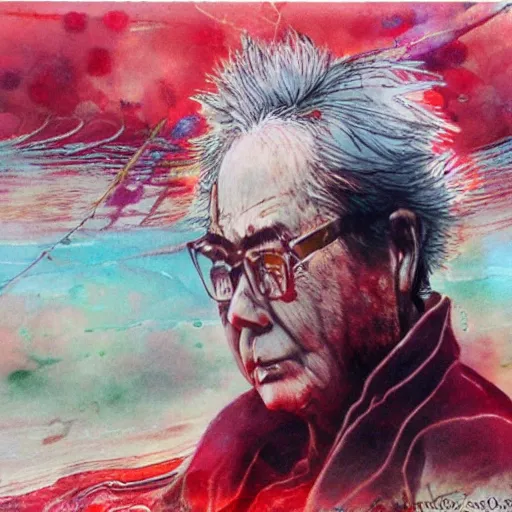 Prompt: yoshitaka amano's famous and beautiful painting of jean baudrillard in the oceanspray cranberry commercial