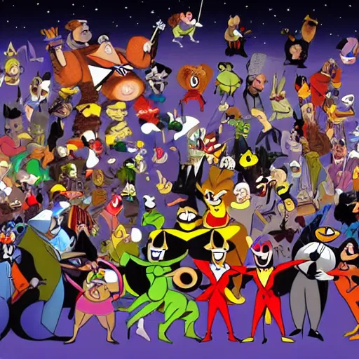 Image similar to Orchestra pit of various Looney Tunes characters playing a concert for a crowd of Marvel villains, realistic, photorealistic, 4k