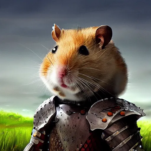 Prompt: a hamster wearing a full knight armor and looking shocked across a battlefield. digital art. 4 k