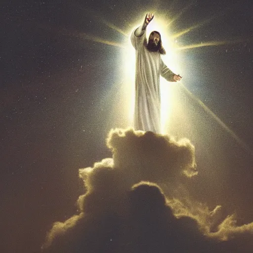 Prompt: Photo of Jesus returning to earth from the clouds