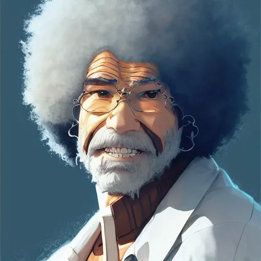 Prompt: An anime portrait of Bob Ross as a ripperdoc , by Stanley Artgerm Lau, WLOP, Rossdraws, James Jean, Andrei Riabovitchev, Marc Simonetti, and Sakimichan, tranding on artstation