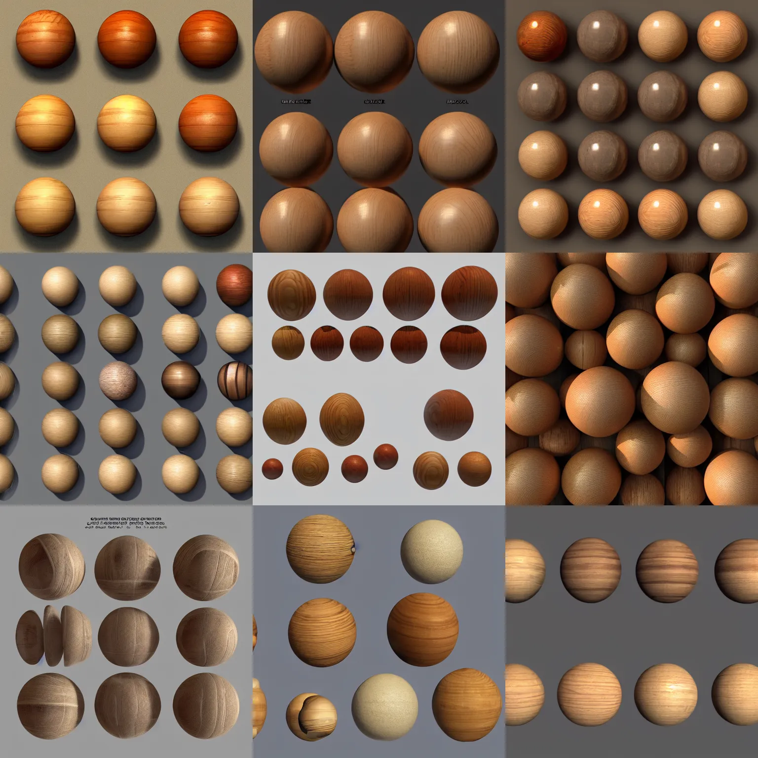 Prompt: array of orbs rendered in 3 d made of wood. blender texture pack, textures, cgsociety, artstation, sketchfab