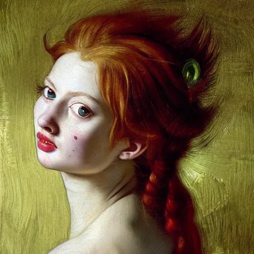 Prompt: a highly detailed, hyper realistic portrait with torso of a red haired young woman, white romantic dress with intricate details, among golden fireflies, long hair, green eyes, hint of freckles, round gentle face, cheeky smile, deep focus, elegant, smooth, sharp, golden ratio, digital painting, art by artemisia lomi gentileschi and caravaggio