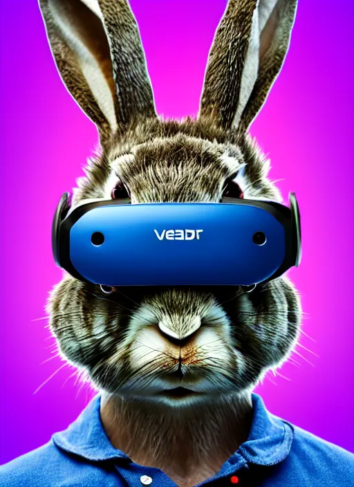 Prompt: rabbit groot blue vr glasses headset by artstation, cables background, deviantart, artfol, artbox, cgsociety, gfxartist, artful, zatista, artpal, instagram, blendernation, frank stella, beeple, giger, kopera, zawadzki, abstract, surrealism, hyperrealism, futurism 4 k, octane