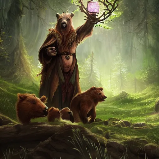 Image similar to elven druid summoning bears in the forest, d & d inspired, trending on artstation, ultra fine detailed, hyper detailed, hd, concept art, digital painting