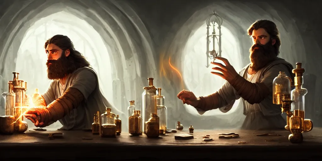 Image similar to a handsome bearded white male dark sorcerer with brown hair he is casting a spell from his hands, he is in a alchemist workshop filled with beakers and equipment, neutral pose, sharp focus, waist up, epic composition, 4 k, by greg rutkowski, rudy siswanto and anna podedworna