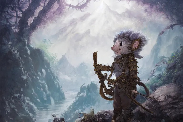 Image similar to dungeons and dragons fantasy painting, portrait of an ashigaru mouse rifleman, whimsical and cute, determined expression, watery eyes, anime inspired by krenz cushart, light grey fur, tufty whiskers, feathered arrows, bamboo forest river, dawn lighting, by brian froud jessica rossier and greg rutkowski