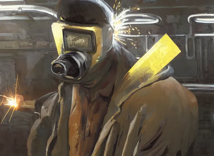 Image similar to welder with welding masks in subway, leaning forward, in the style of craig mullins