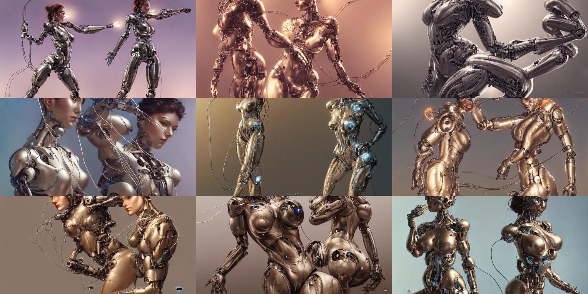 Prompt: fully body, stunningly beautiful woman cyborg robot in metal cable and wire by sorayama , highly detailed, digital painting, artstation, concept art, sharp focus, illustration, art by artgerm and greg rutkowski and art nouveau mucha