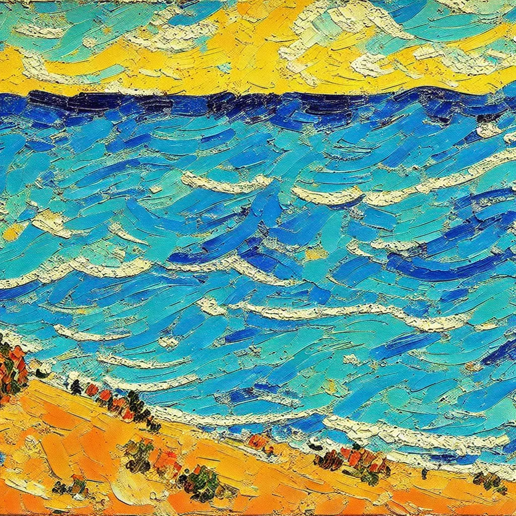 Prompt: beautiful Italian beach scene painted in a style of painting similar to Van Gogh but more very thick, heavy scumbled impasto and less hatching