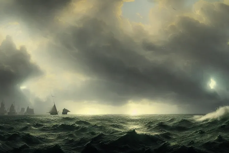 Image similar to A huge sea monster attacks the fishing town in a storm, trending on Artstation, 8k, photorealistic, hyper detailed, unreal engine 5, IMAX quality, cinematic, epic lighting, in the style of Ivan Aivazovsky