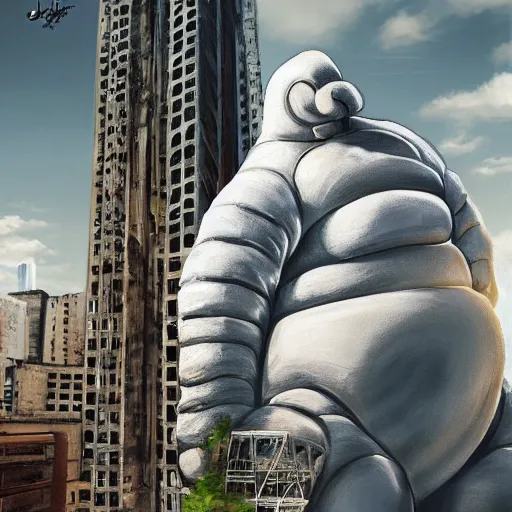 Image similar to the michelin man crushing buildings beneath his feet, destroying a city, digital art, photorealistic