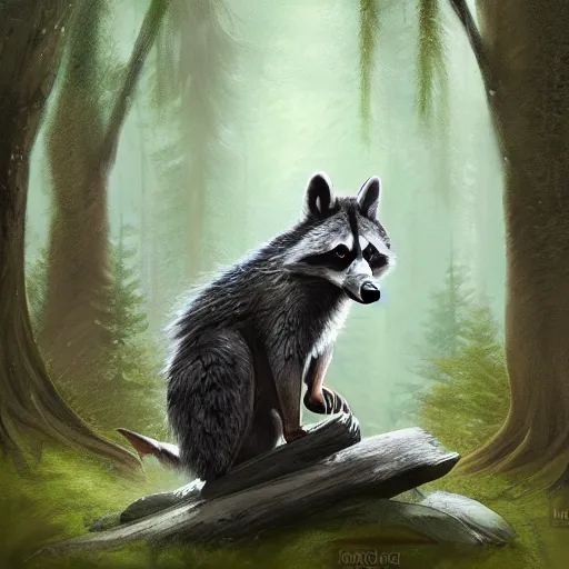 Image similar to a woodland druid in a forest with a wolf bird and racoon, photorealistic, in the style of greg rutkowski, digital painting