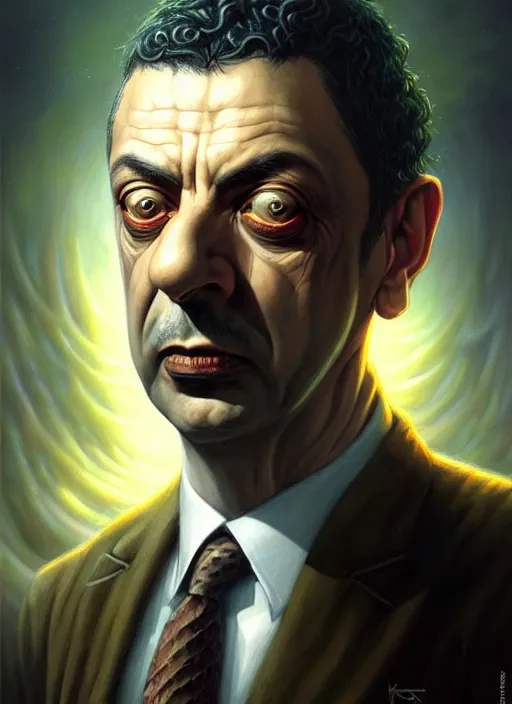 Image similar to lovecraft biopunk portrait of rowan sebastian atkinson, cthulhu, by tomasz alen kopera and peter mohrbacher