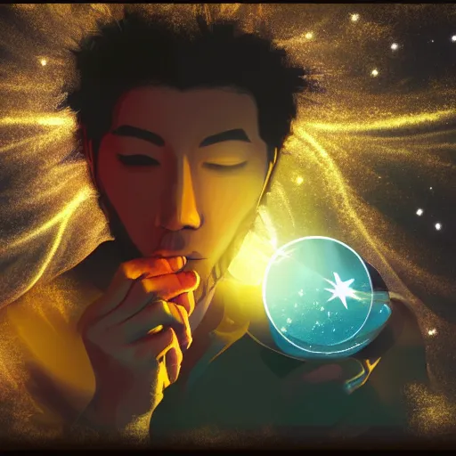 Prompt: A man drinking a cup of cosmic energy bright light by Masafumi Harada, 4k, digital art, surreal, anime style,