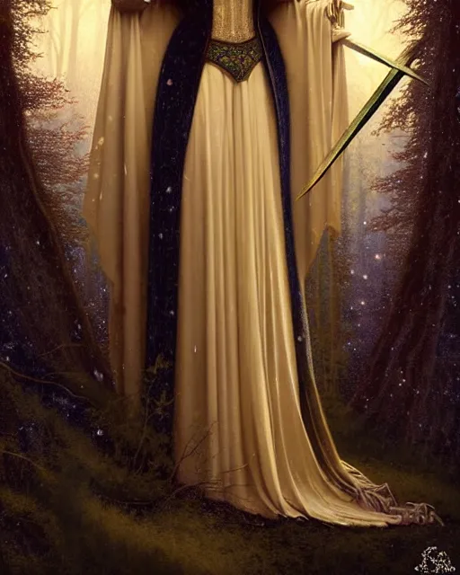 Prompt: nocturne, glowing, stars, a portrait of a beautiful medieval princess with a sword, tall and thin, highly detailed, mysterious, ethereal, dressed in velvet and gold jewelry, haute couture, dark forest, illustration, dramatic lighting, by edmund blair leighton, brom, charlie bowater, faces by otto schmidt