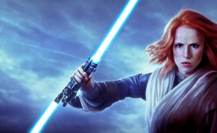 Image similar to screenshot of Jedi Mara Jade, played by Julian Moore, holding a blue lightsaber in right hand, iconic scene from 1980s film by Stanley Kubrick, 4k, windy hair, cinematic still frame, surreal sci fi set design, photoreal, detailed face, moody storm lighting, stunning cinematography, hyper detailed, sharp, anamorphic lenses, kodak color film stock