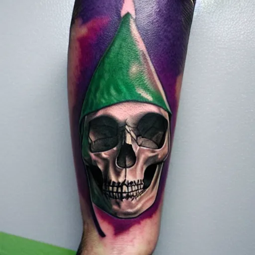 Prompt: tattoo of an elf holding a skull bong, green, black, purple and white ink, detailed, hyperrealistic trending on artstation