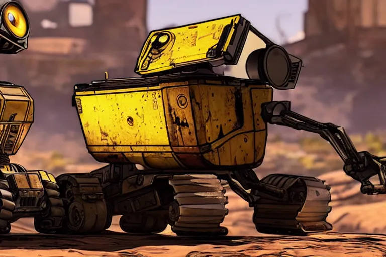 Image similar to wall - e in borderlands style game, heavy detailed, ultra high definition quality, borderlands game engine graphics