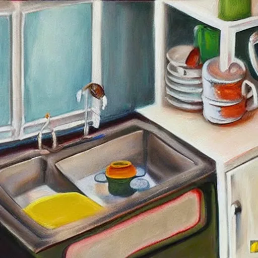 Prompt: realistic painting still of kitchen sink full of dirty dishes, angry man, high detail