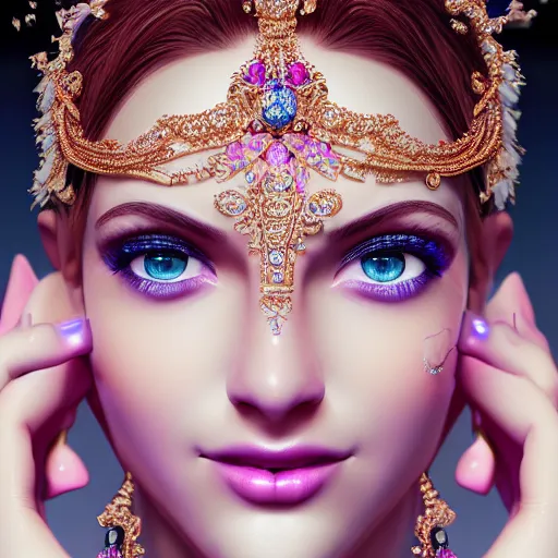 Image similar to portrait of pretty princess with perfect skin, glowing, ornate and intricate sapphire jewelry, jaw dropping beauty, glowing backdrop, white accent lighting, hyper detailed, 4 k octane render