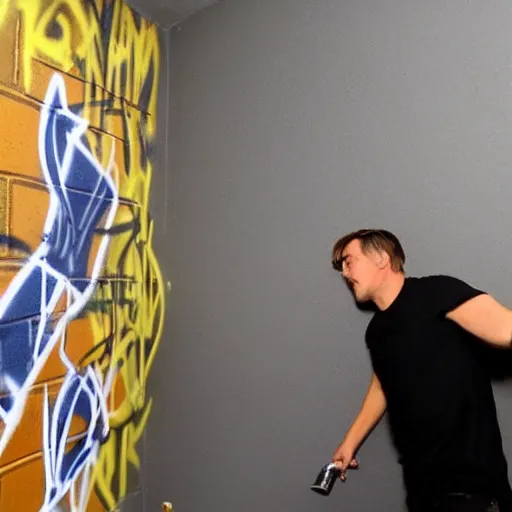 Prompt: bodycam photo of a drunk leonardo dicaprio spraying his graffiti tag in a wall, wide angle, fisheye, uhd, 8 k, bodycam, award winning,