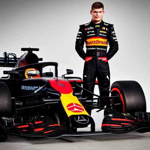 Prompt: close up of max verstappen wearing black mercedes amg overall, great photography, ambient light,