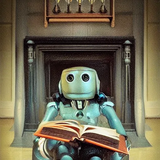 Image similar to “a lonely robot reads a book near a fireplace in a Victorian home., IMAX 70mm footage”