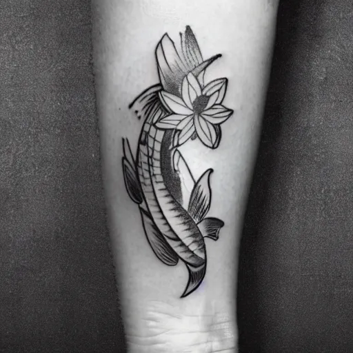 Image similar to black and white tattoo of koi fish with camelia flowers, on white background, japanese traditional style, stylized,