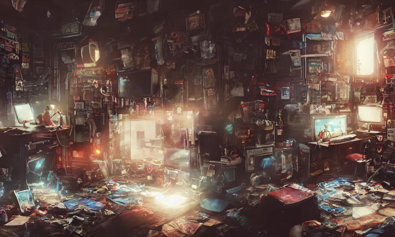Prompt: A highly-detailed messy hacker's bedroom, by Kung Fury, by Ready Player One, by Mr Robot, digital art, realistic volumetric lighting, realistic reflections, rendered by Octane, highly realistic, 4k wallpaper, trending on Artstation