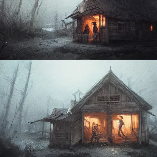 Image similar to two husbands leave each other inside broken wooden house, detailed intricate ink illustration, dark atmosphere, detailed illustration, hd, 4k, digital art, overdetailed art, concept art, by greg rutkowski, by loish, complementing colors, Trending on artstation, deviantart