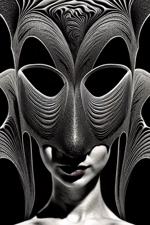 Image similar to portrait of a young beautiful woman with a mask. contemporary photograph, speed painting, fractal, mandelbulb. black and white, black on black. intricate, elegant, super highly detailed, professional digital painting, smooth, extreme illustration, Unreal Engine 5, Photorealism, HD quality, 8k resolution, 3D, beautiful, cinematic, art. art deco, 1950s suburbian.