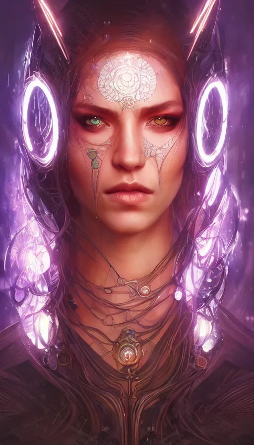 Image similar to cyberpunk angry gorgeous elven queen, neon, fibonacci, sweat drops, insane, intricate, highly detailed, digital painting, artstation, concept art, smooth, sharp focus, illustration, Unreal Engine 5, 8K, art by artgerm and greg rutkowski and alphonse mucha