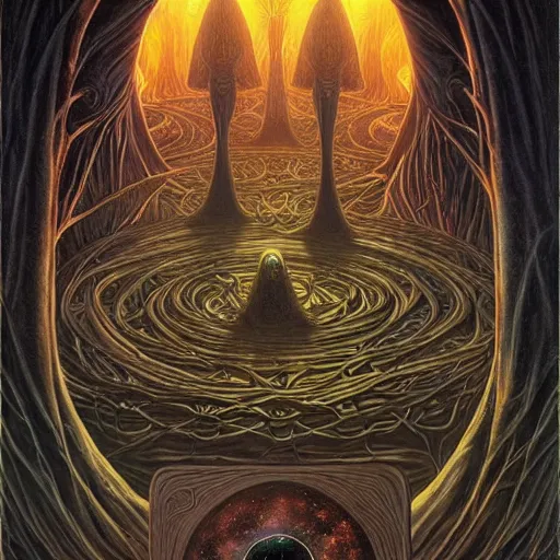 Image similar to a quantum computer, surrounded by a dark cabal of hooded elven mystics with long robes gathered in a circular formation, michael whelan art, dan seagrave art